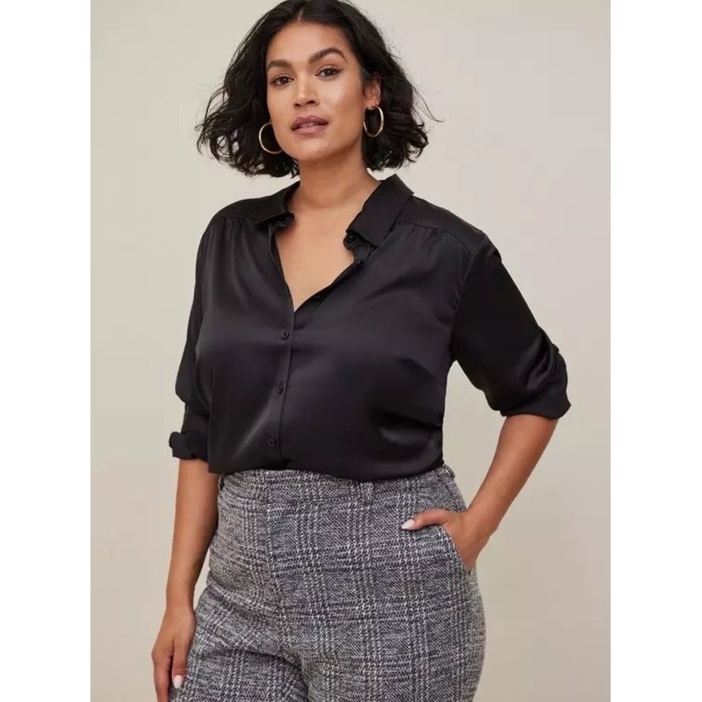 Torrid Madison Crepe De Chine Button-Front Long Sleeve Shirt Black Plus Size 5X
